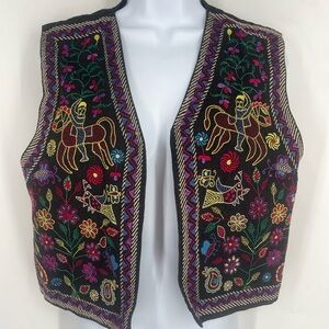 VINTAGE Aarong Bangladesh Horse Floral  Embroidered Vest Whimsy Small Black 90s